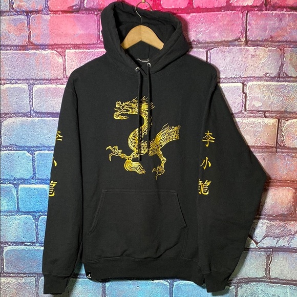 Bruce Lee Black Hoodie with Gold Dragon Design Size Medium - Picture 1 of 7